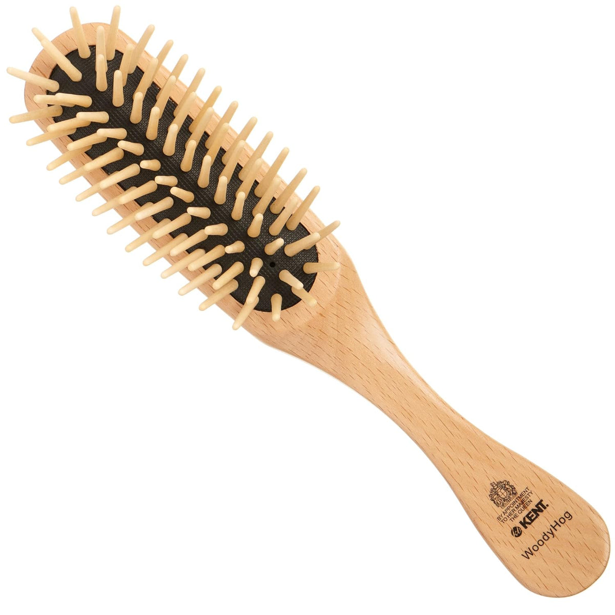 Kent KB Woodyhog Travel Size Detangling Brush Beech-wood, Firm Rounded Wooden Bristles, Natural Cushion Detangler Wooden Hair Brush for Women Men and Kids Everyday Care, Made in England