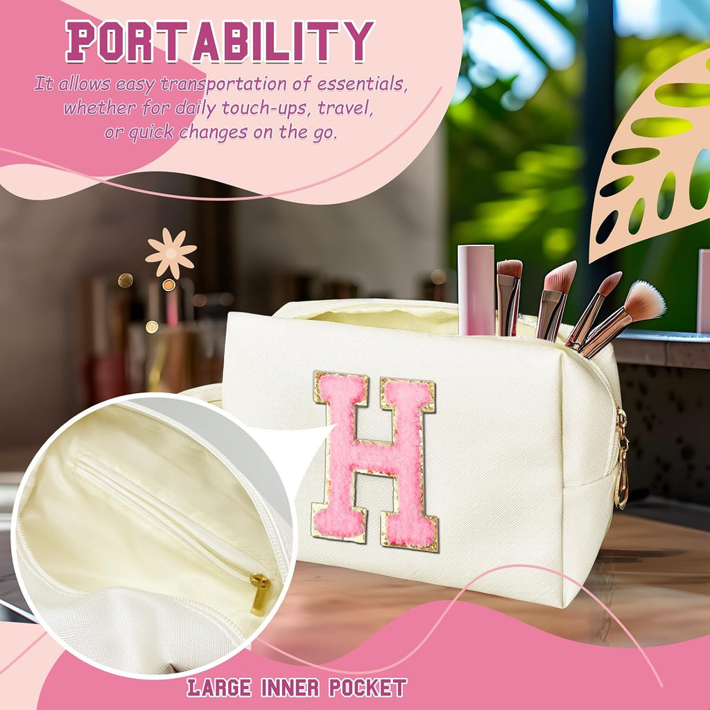 Personalized Initial Makeup Bag with Handle, Preppy Cosmetic Bag with Inner Zipper Pocket, 8 9 10 11 12 13 14 Years Old Girl, Graduation Gifts for Teen Girls Women Teachers (H, White)