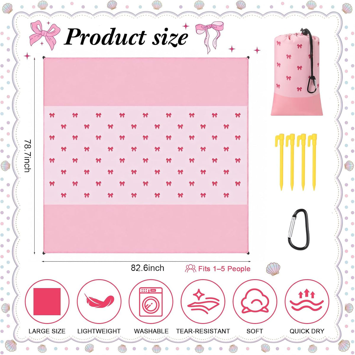 Tingjoo Beach Blanket 83"x79", Waterproof Sandproof Pink Bow with Stakes