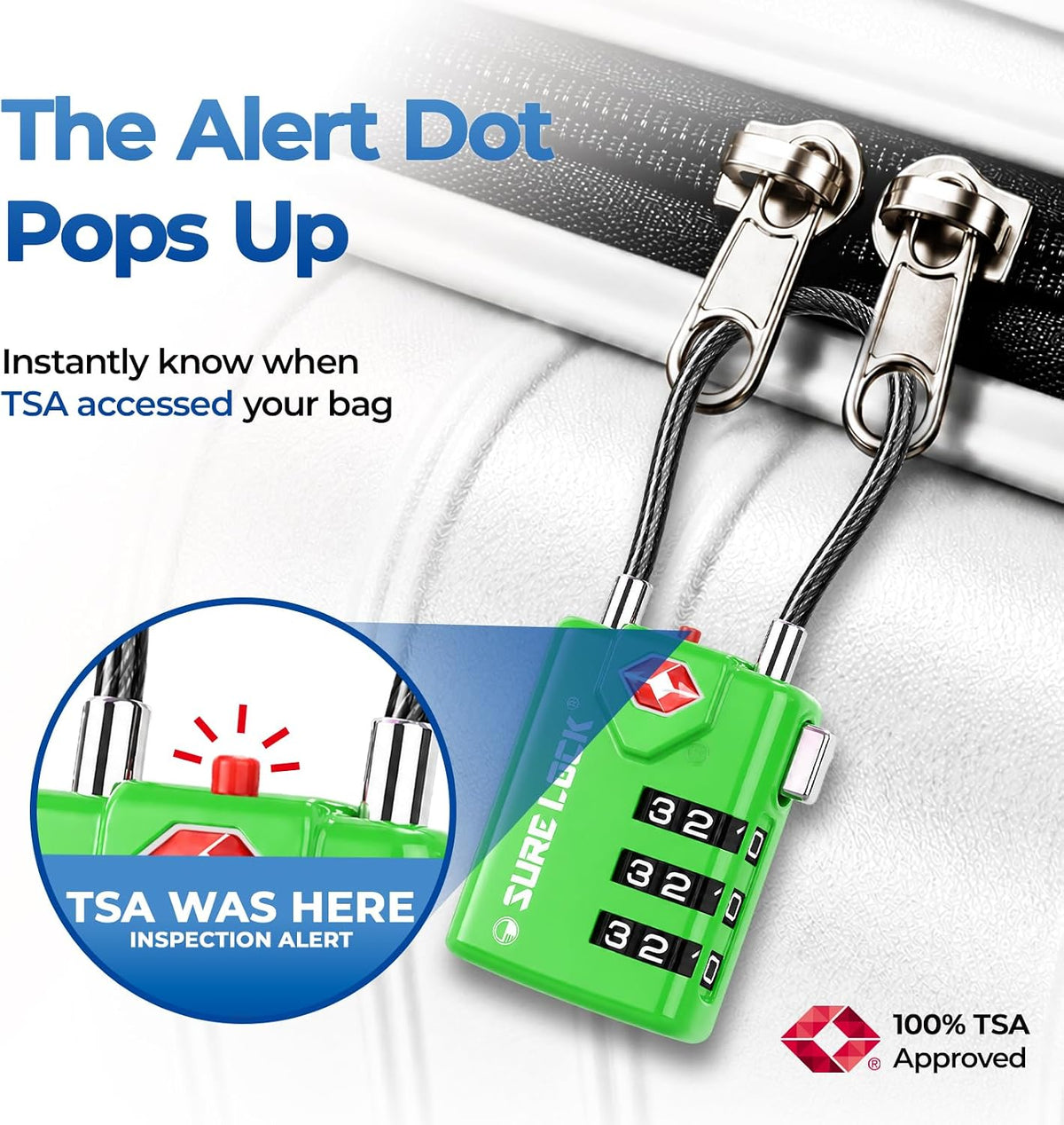 SURE LOCK TSA Approved Luggage Locks with Open Alert Indicator, 3 Digit Combination Cable Travel Lock for Suitcase, Backpack, Gym Locker, Toolbox & Travel Bag（Green 2 Pack