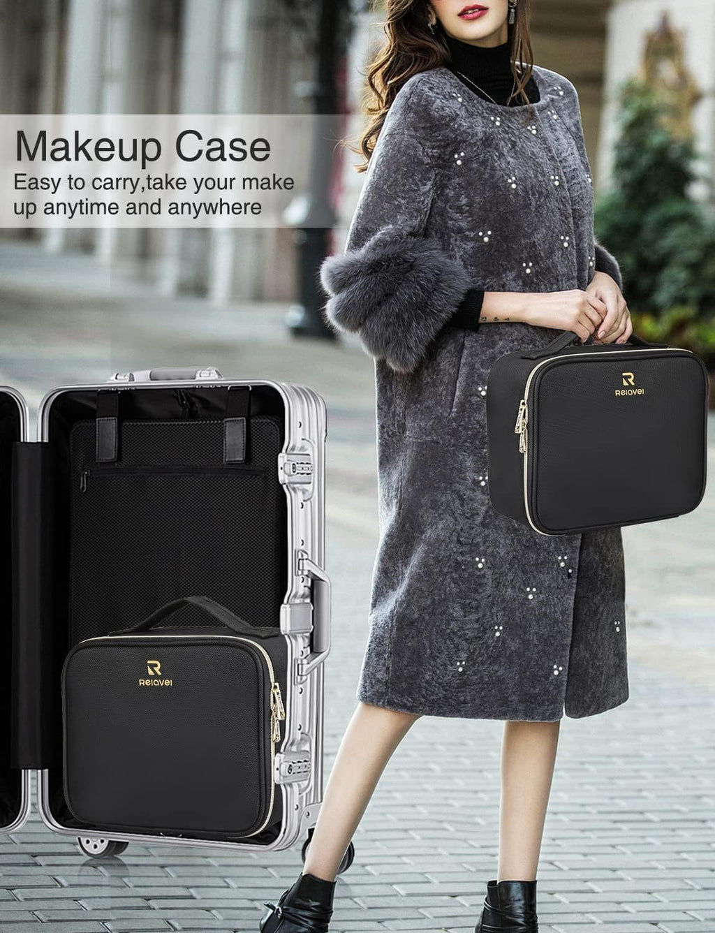 Relavel Travel Makeup Train Case Makeup Cosmetic Case Organizer Portable Artist Storage Bag with Adjustable Dividers for Cosmetics Makeup Brushes Toiletry, Black with Gold Zipper