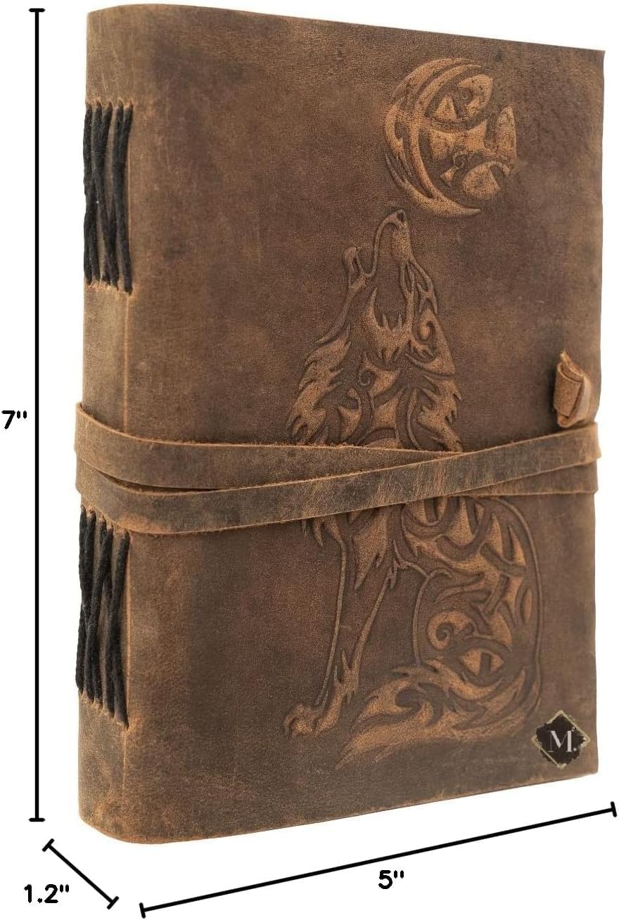 Wolf Vintage Leather Journal Notebook For Men Women - 200 pages Notebook Diary Dnd Travel Bullet Old Antique Large Bound Writing Gift 5 x 7 inch Dark Brown Lined paper