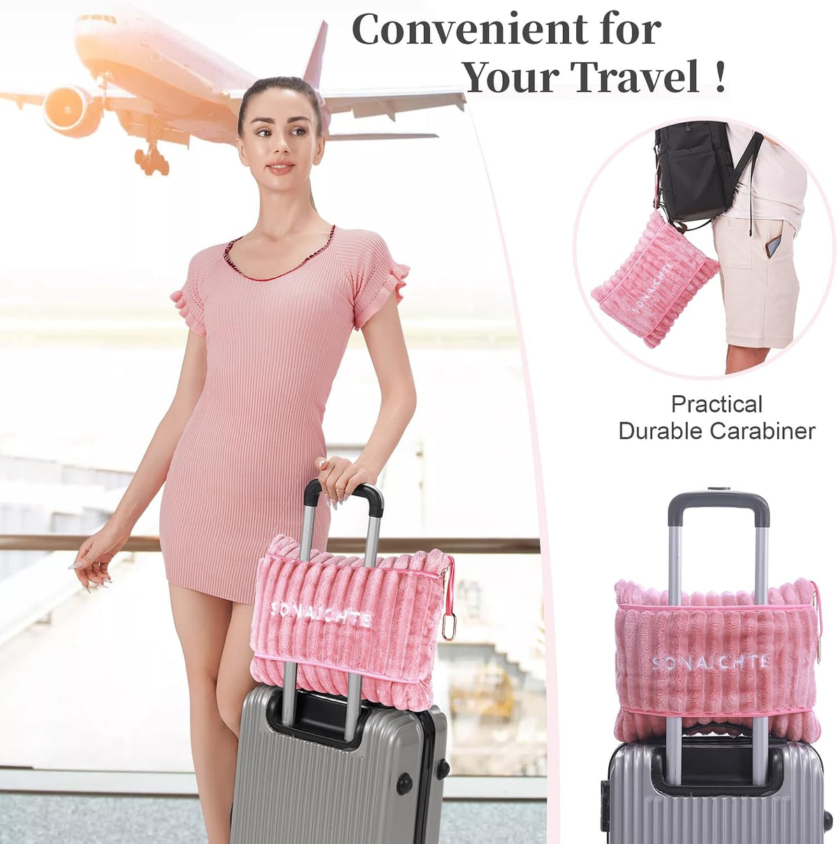 Travel Pillow and Blanket Set Travel Blanket Airplane Compact with Bag Travel Blanket Airplane Travel Essentials Car Blankets for Adults (Light Pink)