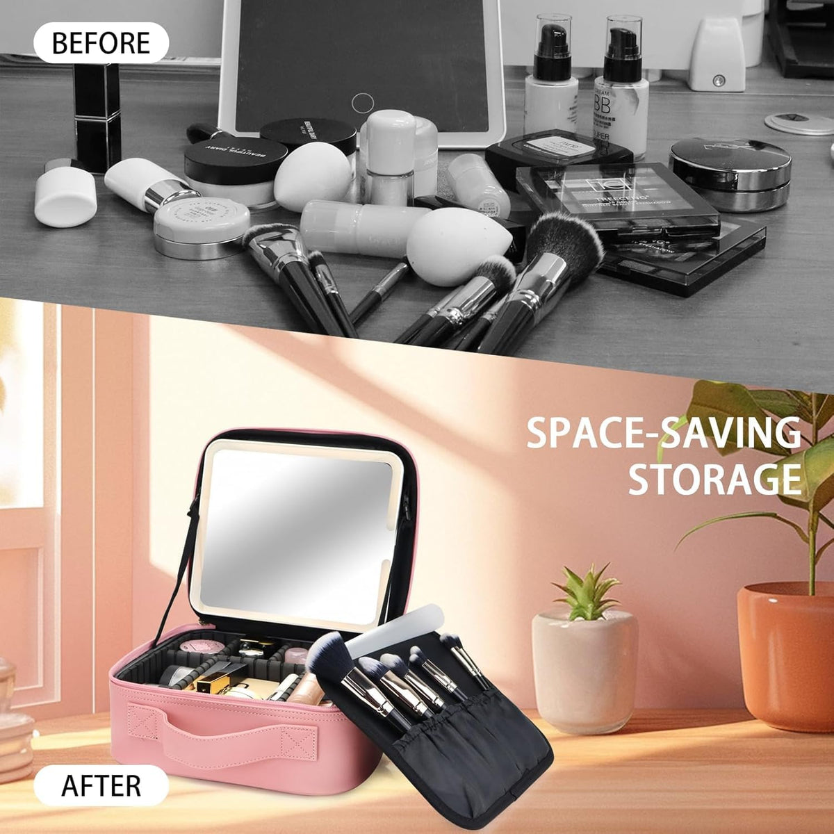 Makeup Bag with Led Mirror,with 3 Color Setting & 10x Magnifying Mirror, Portable Storage and Adjustable Dividers Travel Makeup Bag,for Women and Makeup Artists Large Vanity Makeup Cases-Pink
