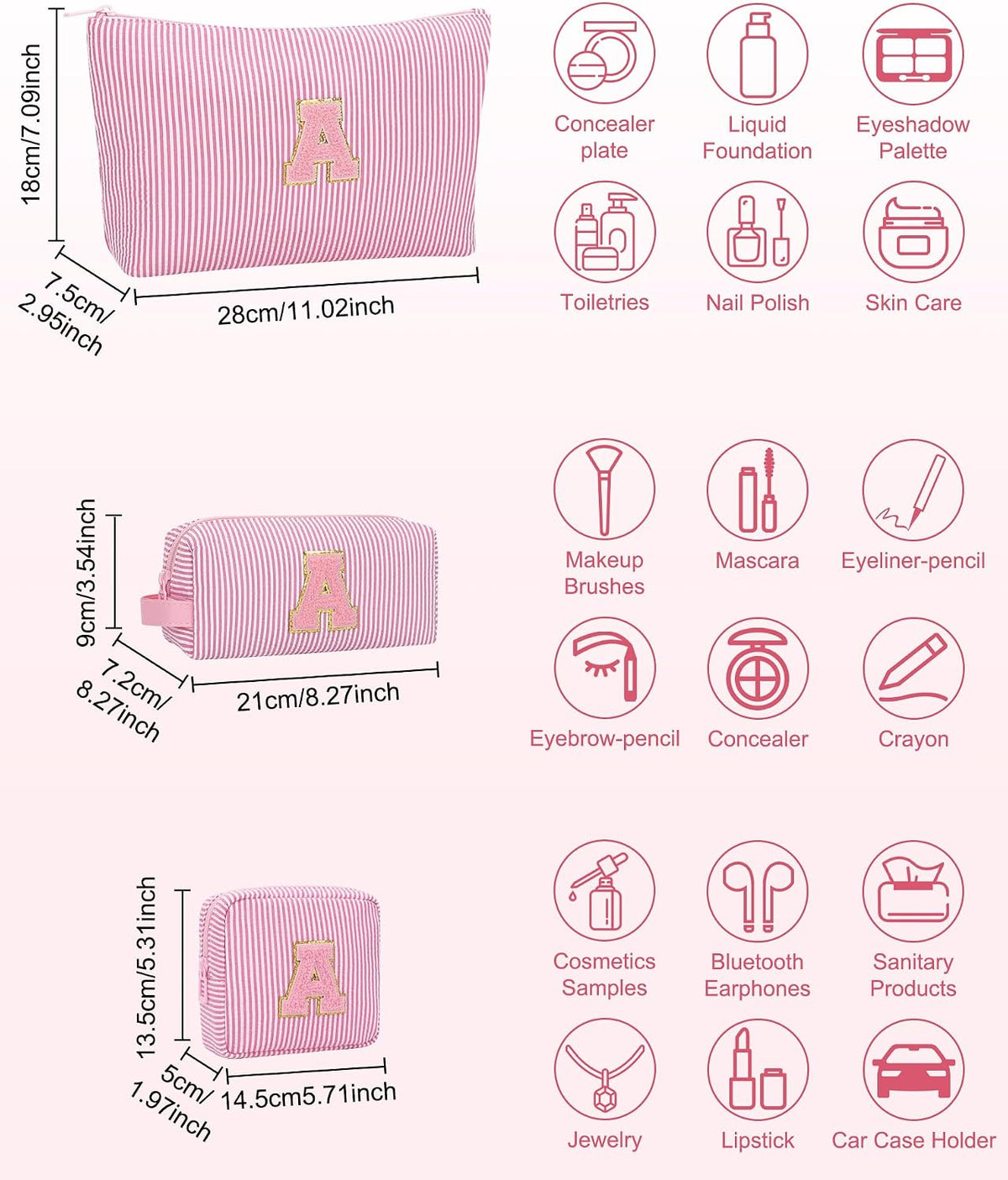MONSTINA Personalized Initial Makeup Bag 3-piece Set for Women Teen Girls