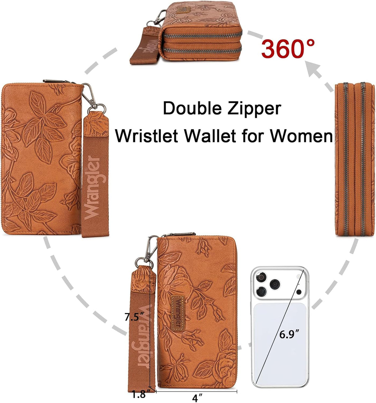 Wrangler Wristlet Wallets for Women Embossed Flower Double Zipper Clutch