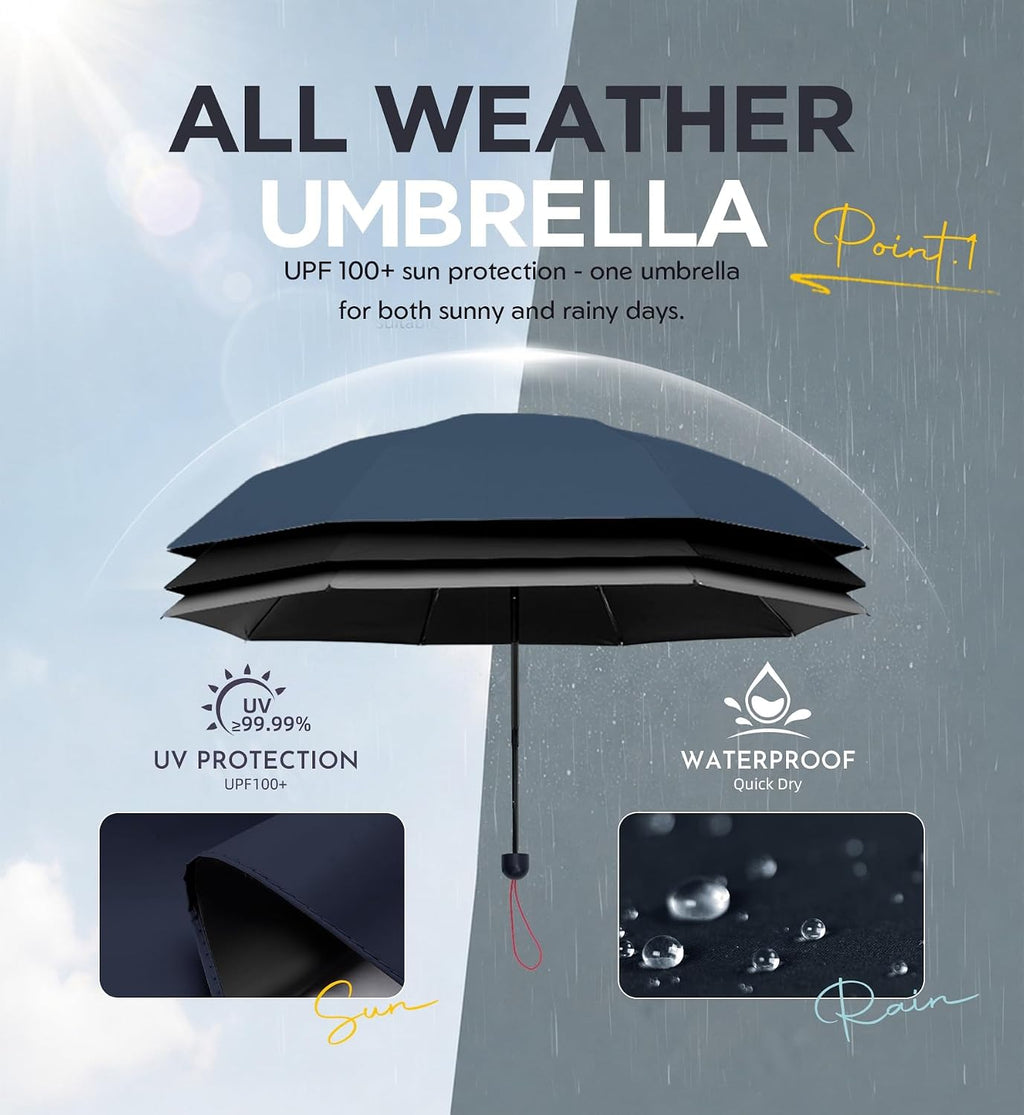 Umbrella Travel Size Mini Compact for Rain, UPF 100+ UV Protection