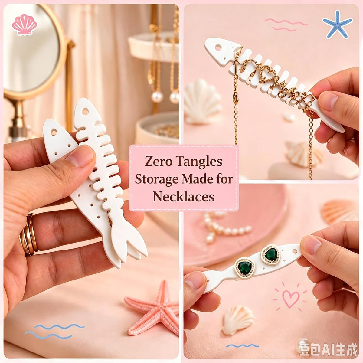 Sardines Jewelry Box Organizer with Fish-Shaped Holders for Rings, 3D Printed Fishbone Holder for Earrings, Necklaces and Rings Portable Earring Box (Pink + Rose Red)