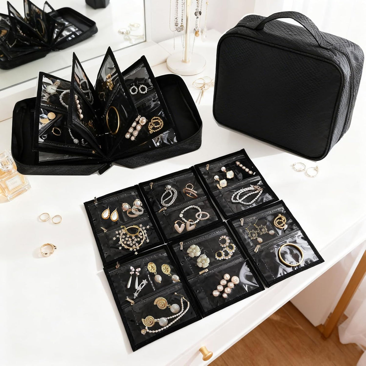 Greenfeather Anti Tarnish Jewelry Storage, Portable Jewelry Binder Organizer Travel with 6 Pcs Clear Zipper Velvet Pouches for Storing Earrings Rings Necklace Bracelet Watch 36 Compartments, Black