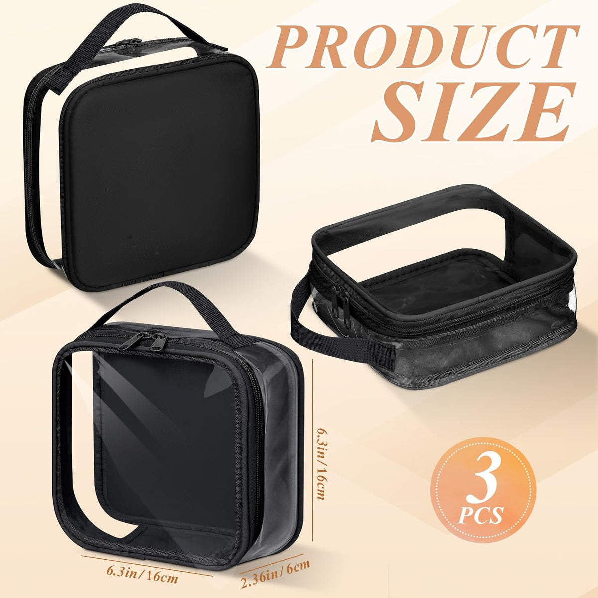 Abbylike 3 Pcs Small Toiletry Bags Reusable Quart Size Travel Liquid Pouch Single-sided Clear PVC Carry-on Organizer with Handle Cosmetic Bags for Airport Security Women Men(Black)