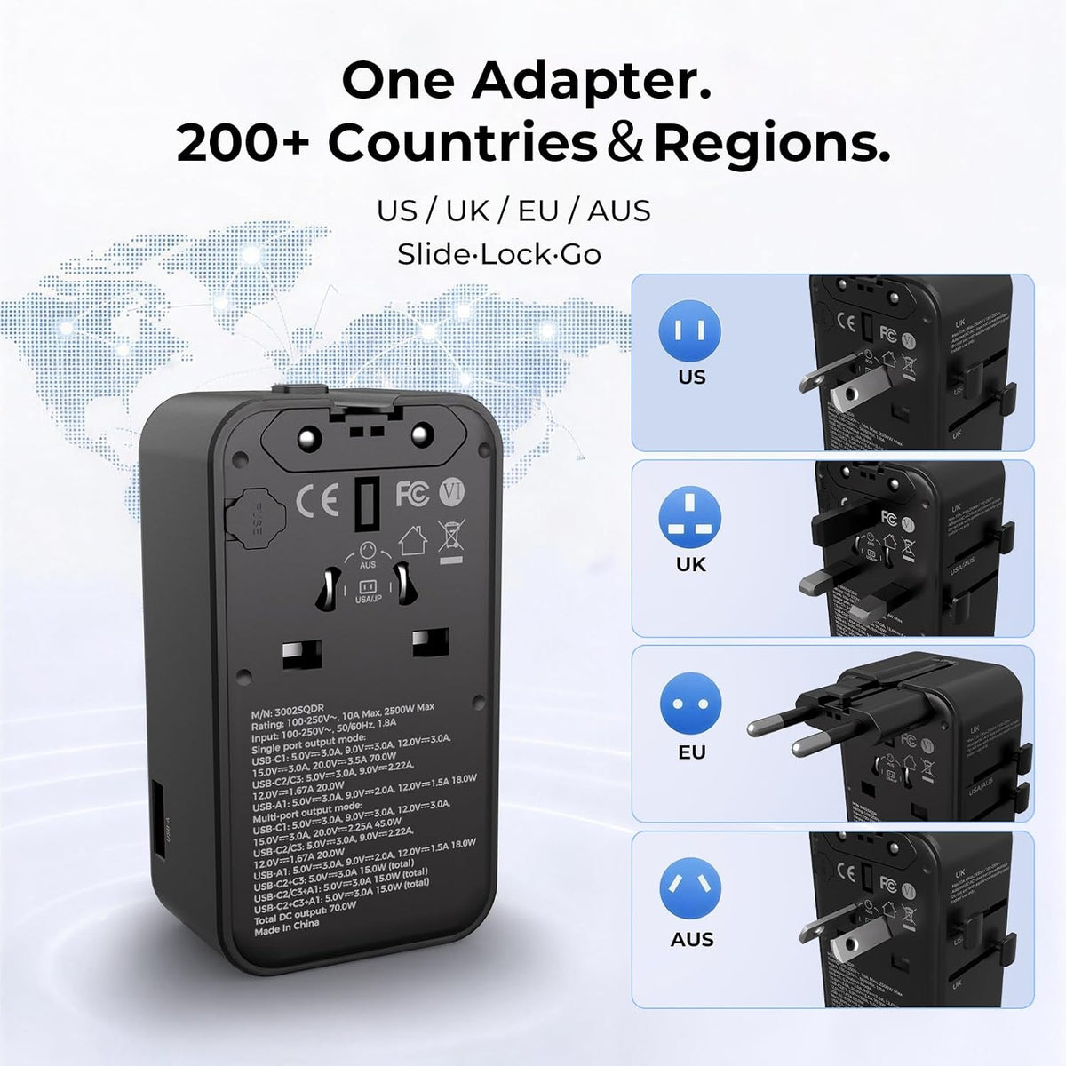 Dyness Universal Travel Adapter, 70W GaN Ultra-Slim, 4 USB Ports, AC Outlet