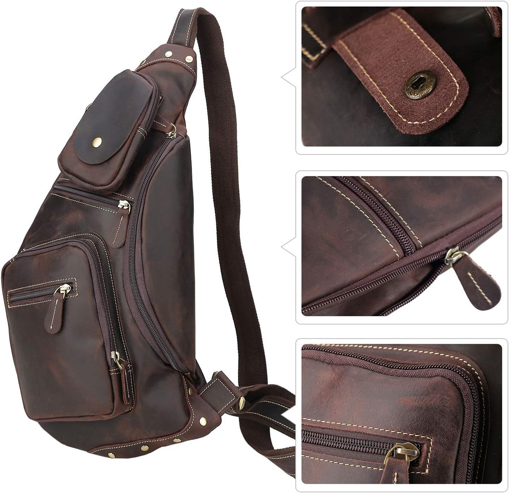 Polare Full Grain Leather Cross Body Sling Bag Chest Bag Backpack Outdoor Camping Tactical Daypack