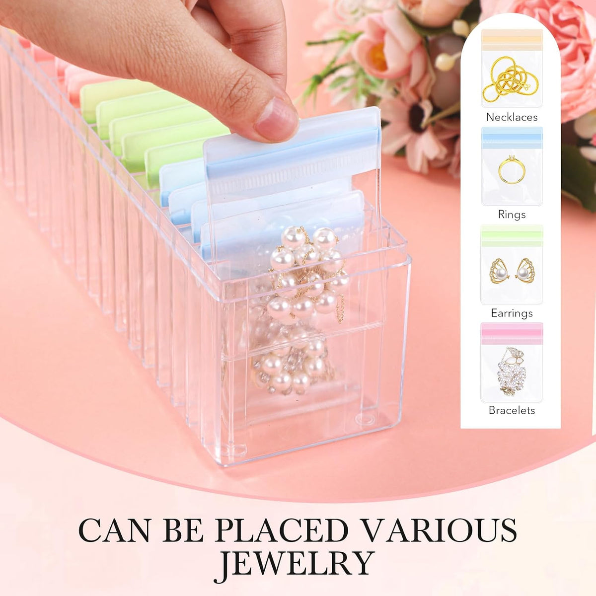 Kenning 42 Pcs Acrylic Jewelry Case Organizer, Clear Jewelry Organizers Holder with Portable Anti Tarnish Storage Bags for Rings, Earrings, Necklaces, Ideal Gifts for Women (Four Color Mixture)