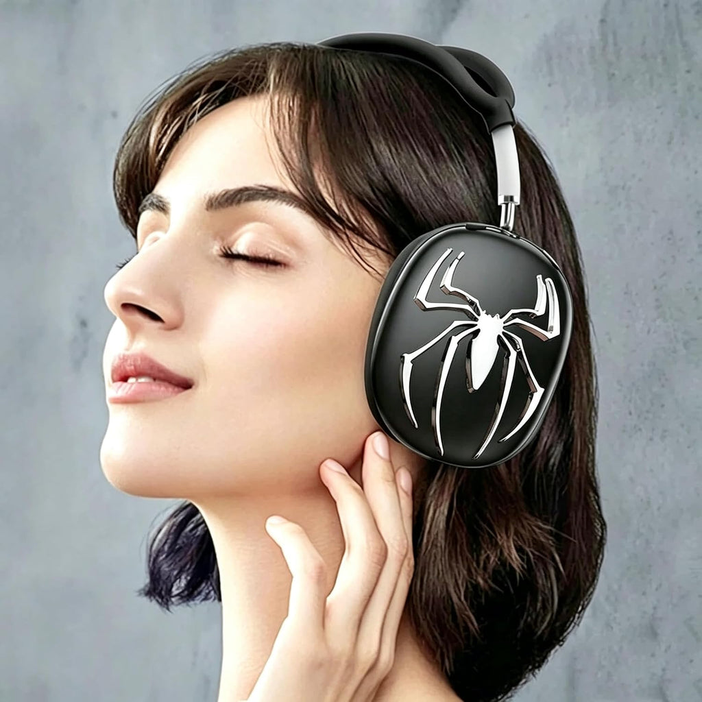 [4 in 1] Case Cover for AirPods Max 2/1 (2026/2024/2020) Ear Pad Case Cover/Headband Cover/Ear Cups with 3D Spider Chrome Emblems Badges for Apple AirPods Max Headphones (Black Case Sets)