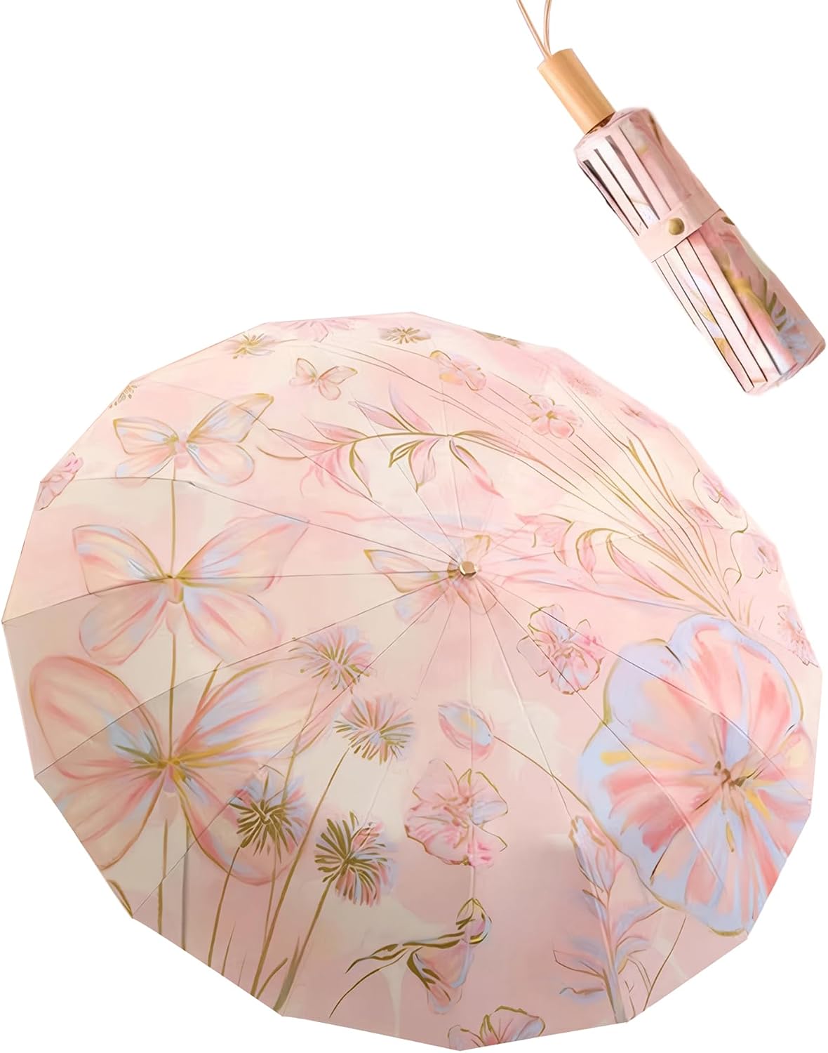 UPF50+ Large Umbrella UV Protection Upgrade Thickened Double-bone Fiberglass Stylish & Durable 16-Bone Windproof Compact Travel Sun & Rain Parasol Flower Vintage Design for Women