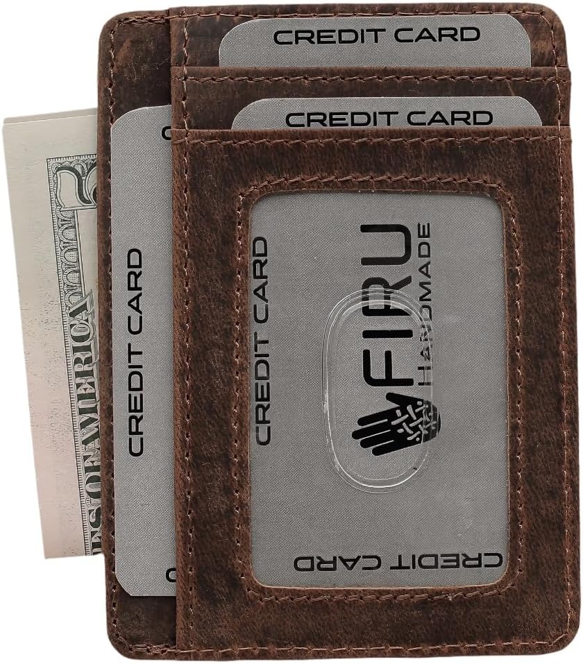 Firu-Handmade Slim Minimalist Leather Wallets for Men | RFID Blocking Front Pocket Wallet with 6 Card Slots Money Section and ID Window