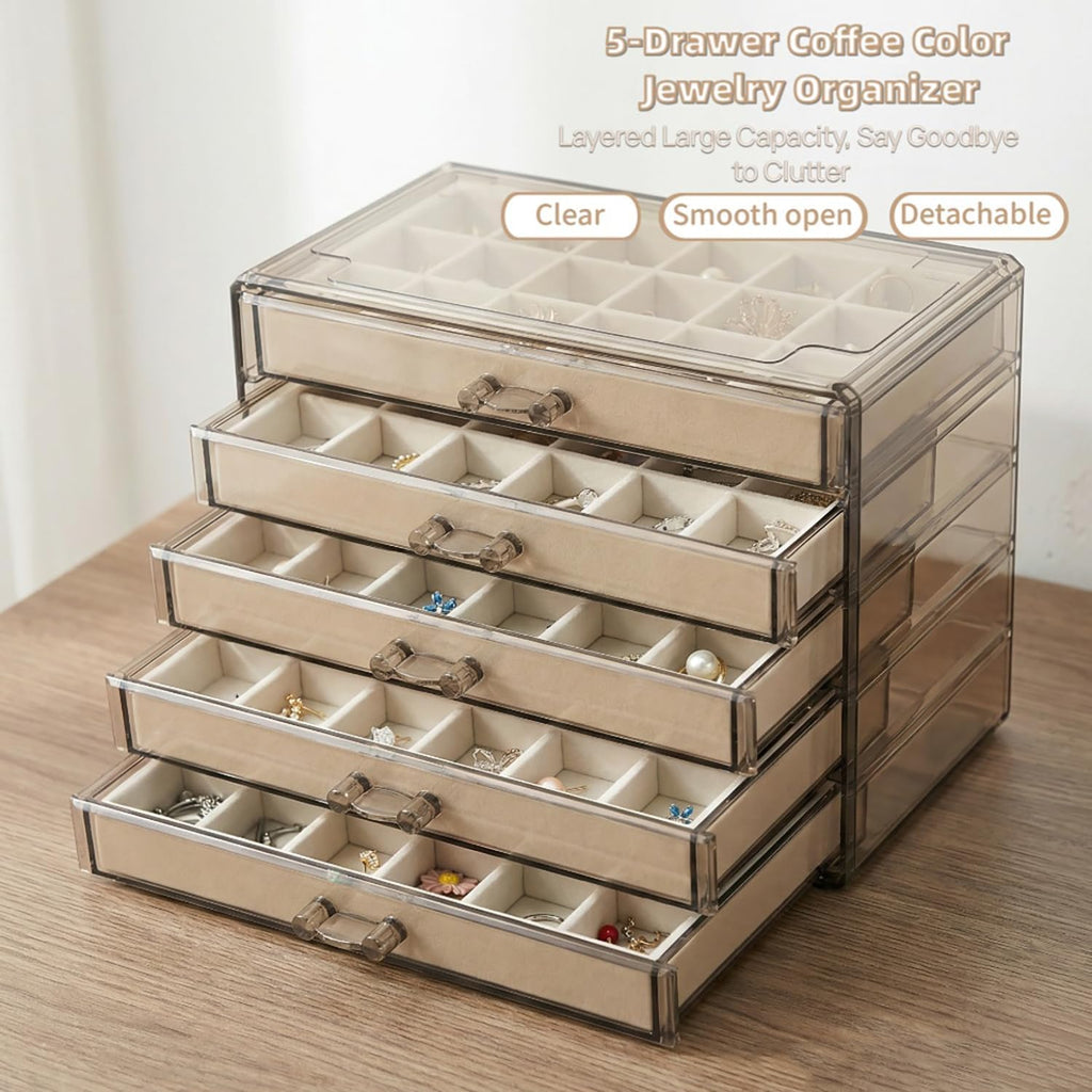 Acrylic Earring Holder Organizer with 5 Drawers Clear Earring Organizer Box with 90 Adjustable Grids Velvet Earring Display Case Jewelry Organizer for Earrings Rings Studs (Brown Beige)