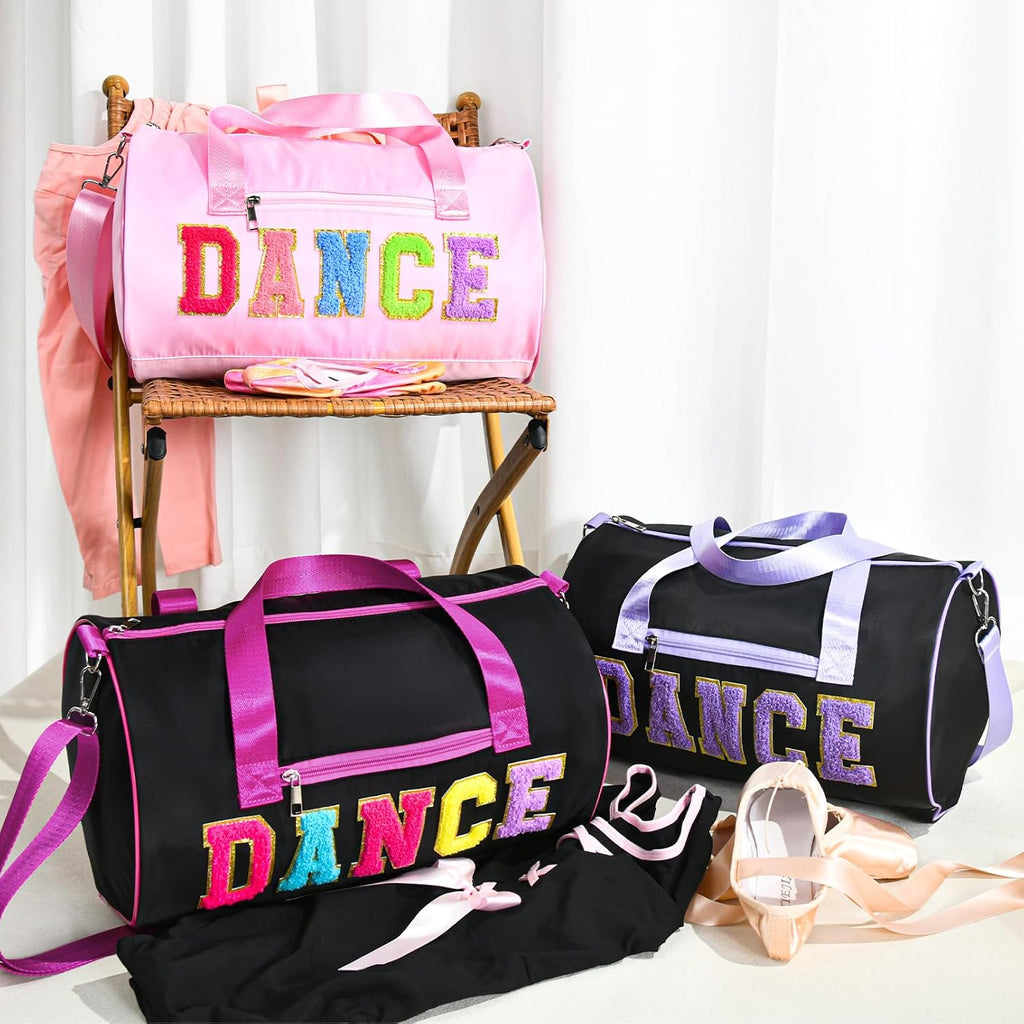 Dance Bag for Girls, KUIRAN 23L Waterproof Travel Duffel Bag with Colorful Chenille Letter, Lightweight Small Gym Sport Ballet Bag Weekender Bag with Large Main Compartment - Pink