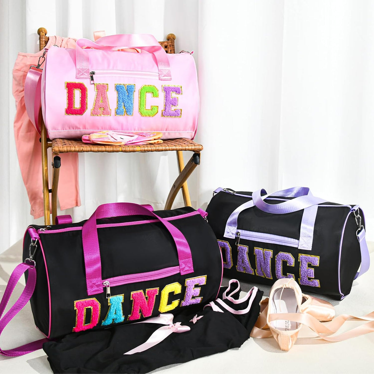Dance Bag for Girls, KUIRAN 23L Waterproof Travel Duffel Bag with Colorful Chenille Letter, Lightweight Small Gym Sport Ballet Bag Weekender Bag with Large Main Compartment - Pink
