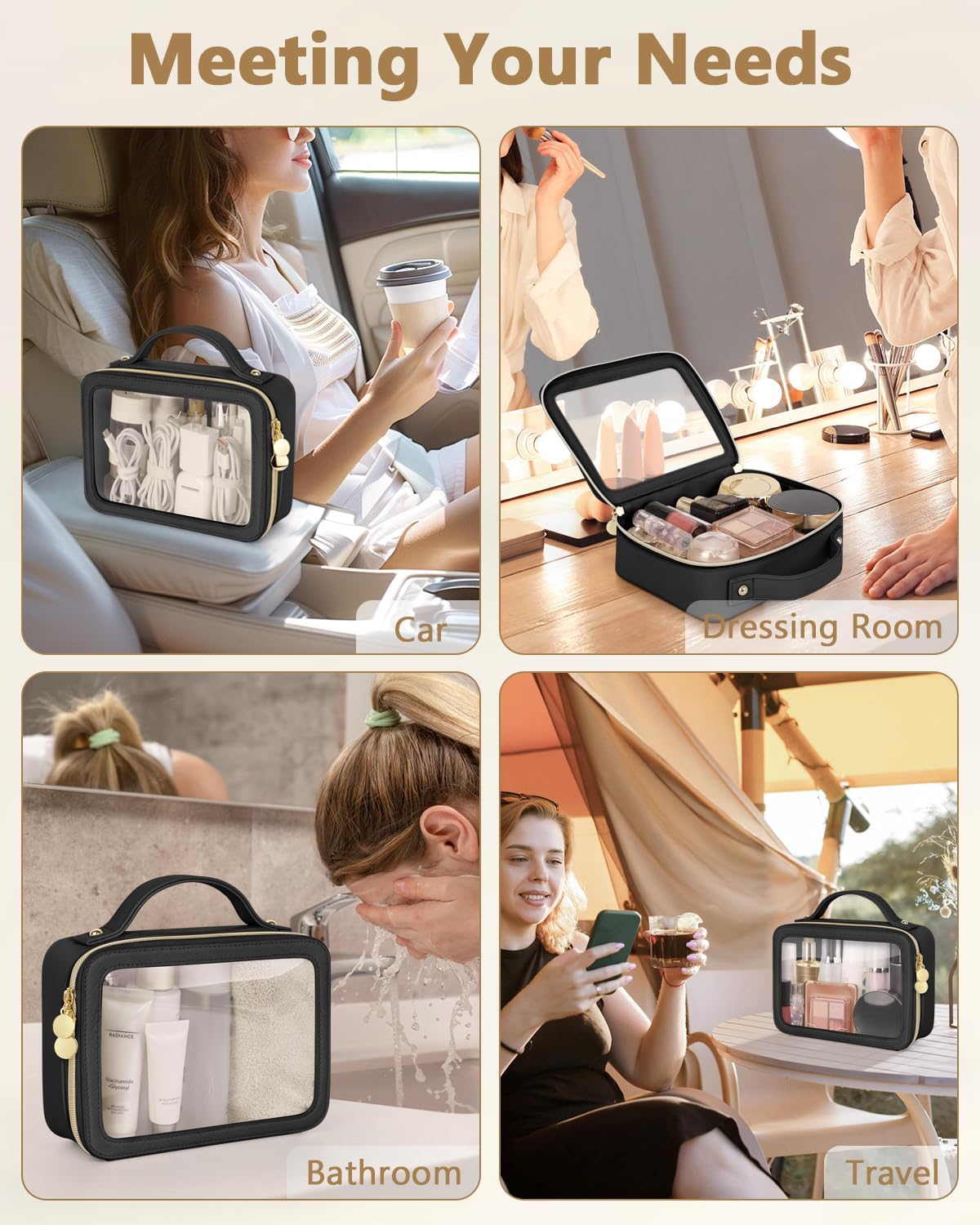 Soimeat Clear Makeup Bag, Portable Travel Cosmetic Bags, Multipurpose Leather Toiletry Bag with Zipper, Waterproof Transparent Cosmetic Organizer for Women, Medium, Black