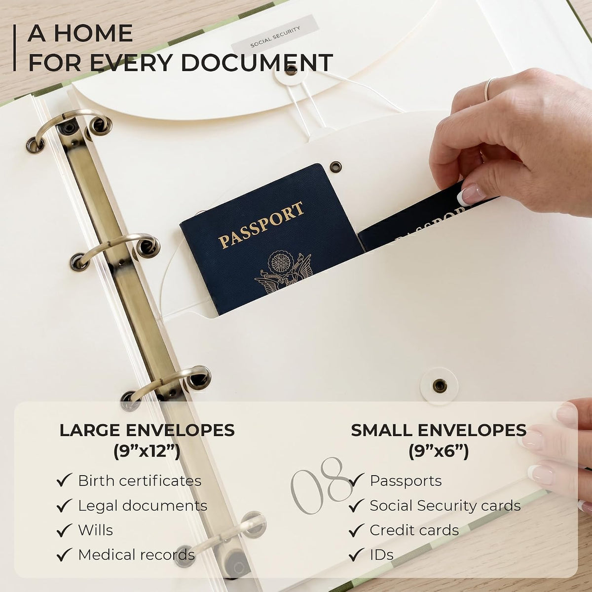 Document Organizer Binder for Important Papers & Passports, Olive