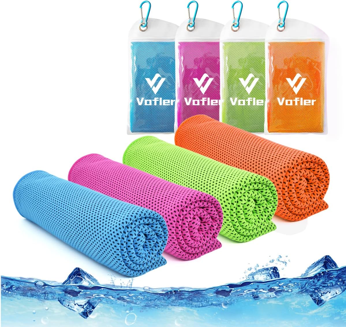 Cooling Towel,Vofler [4 Pack] Cool Towels Microfiber Chilly Ice Cold Head Band Bandana Neck Wrap (40"x 12") for Athlete Men Women Youth Kids Dogs Yoga Outdoor Golf Running Hiking Sports Camping Travel