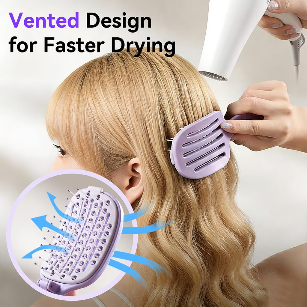 Self‑Cleaning Hair Brush, Curved Vented Detangler, Foldable Travel Purple