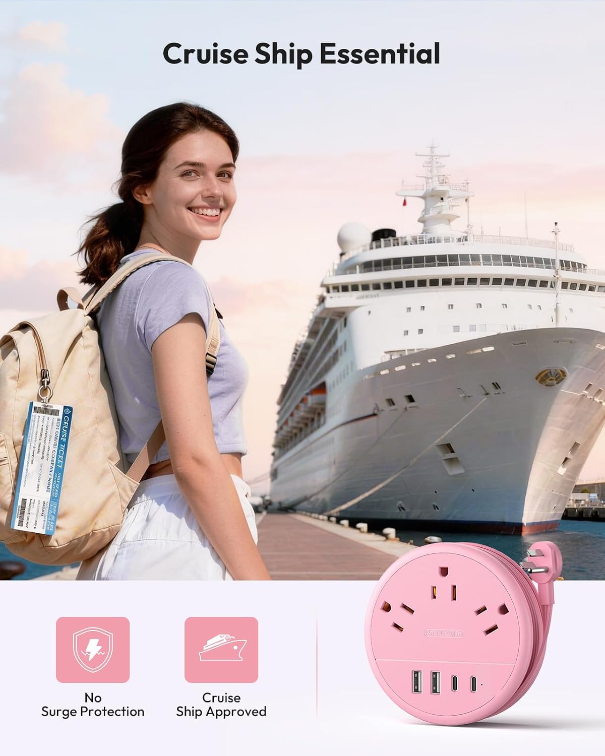 NTONPOWER Pink Travel Power Strip, Travel Essentials, Cruise Essentials 3 Outlets 4 USB Ports(2 USB C), 4FT Wrapped Around Extension Cord for Travel Cruise Ship Beach Vacation Essentials