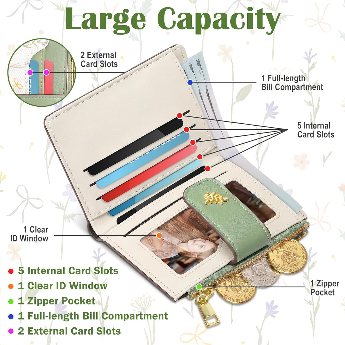 Small Wallets for Women RFID Blocking Bifold PU Leather, 8 Card Slots, Zipper Coin Pocket, Slim Credit Card Holder Travel Wallet, Green 4.9x3.5inch