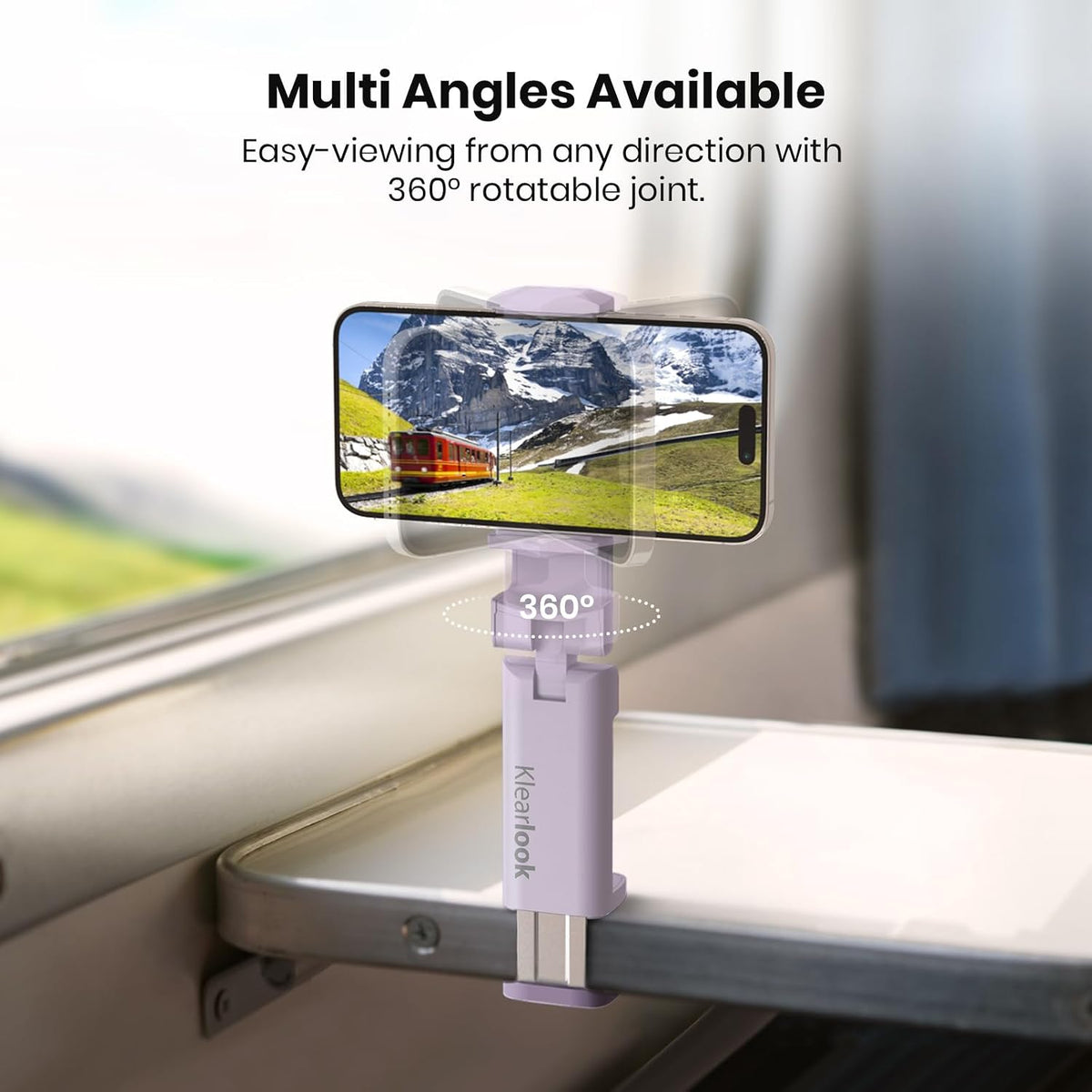 Airplane Travel Essentials Phone Holder, Klearlook Christmas Stocking Stuffers Phone Mount with Multi-Directional 360° Rotation, Travel Must Haves Handsfree Gadgets for Flying, Table or Outdoor-Lilac
