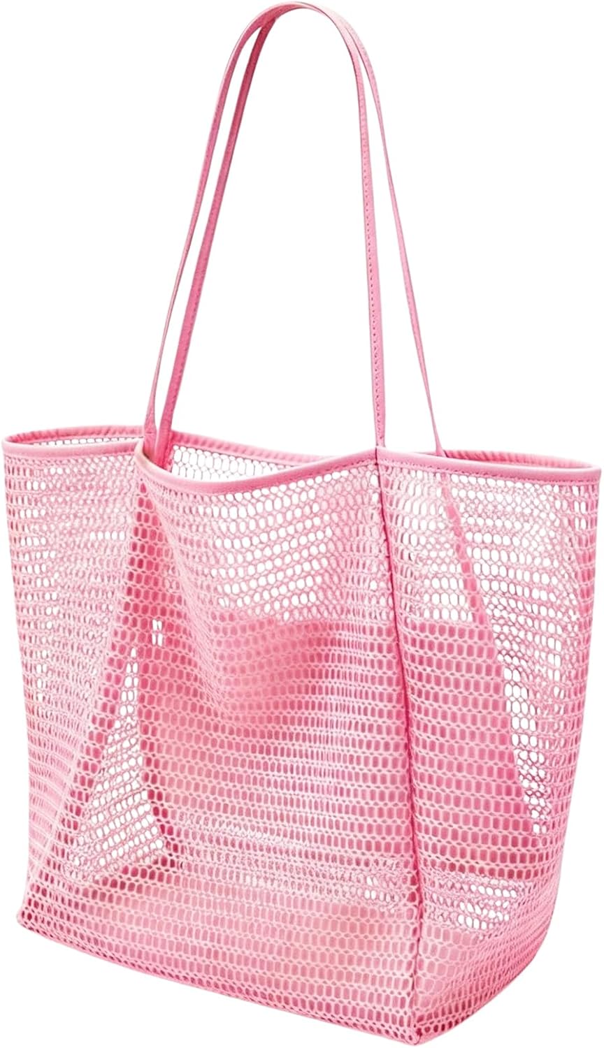 Women's Beach Bags, Lightweight Mesh Tote Bag, Sandproof Woven Shoulder Handbag with Zipper Pocket for Pool Travel