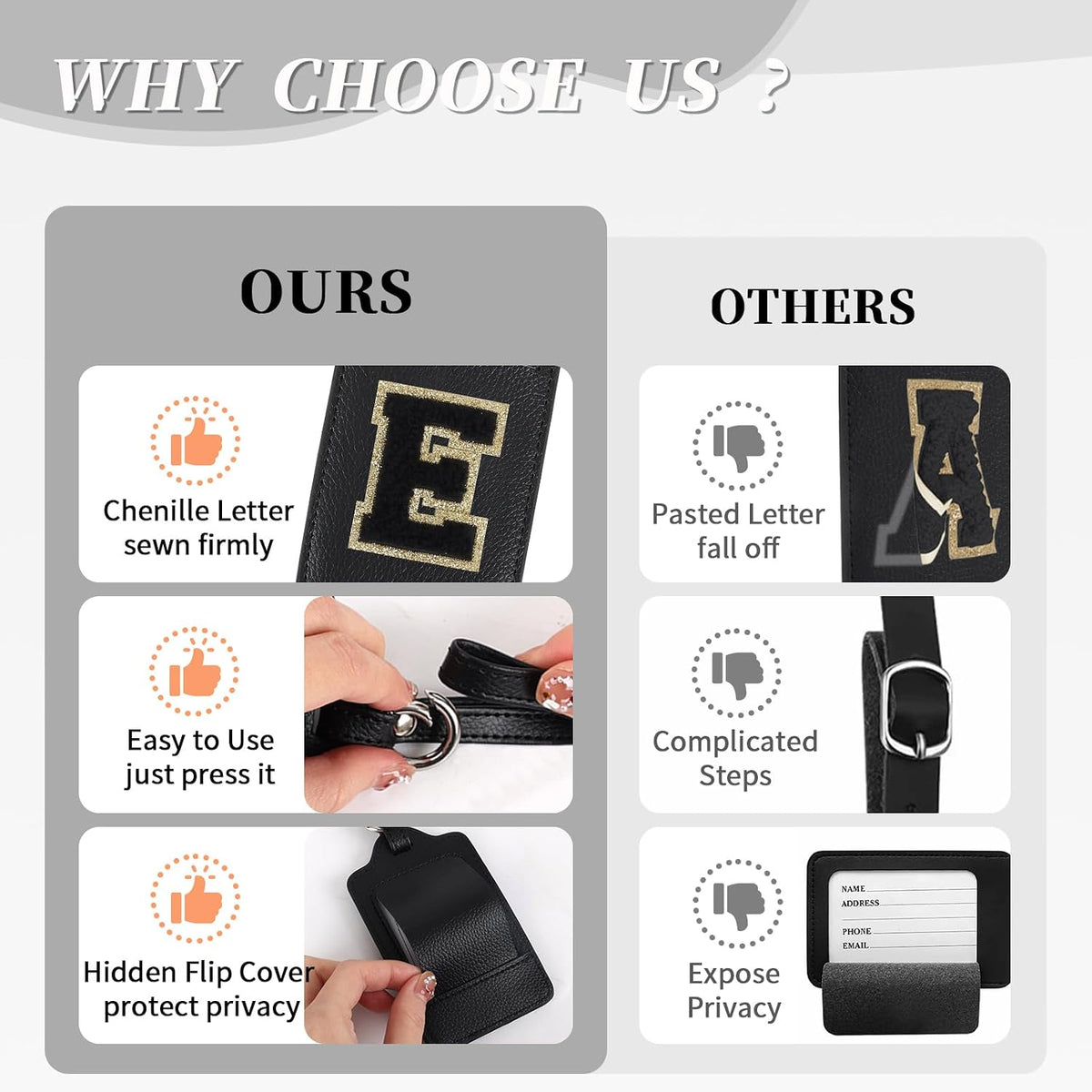 Personalized Initial A-Z Luggage Tag for Suitcases, PU Leather Luggage Tags with Privacy Cover Name Card, Black Cute Monogrammed Funny Luggage Baggage TSA Approved Tags for Women Kids(1 PACK Letter E)