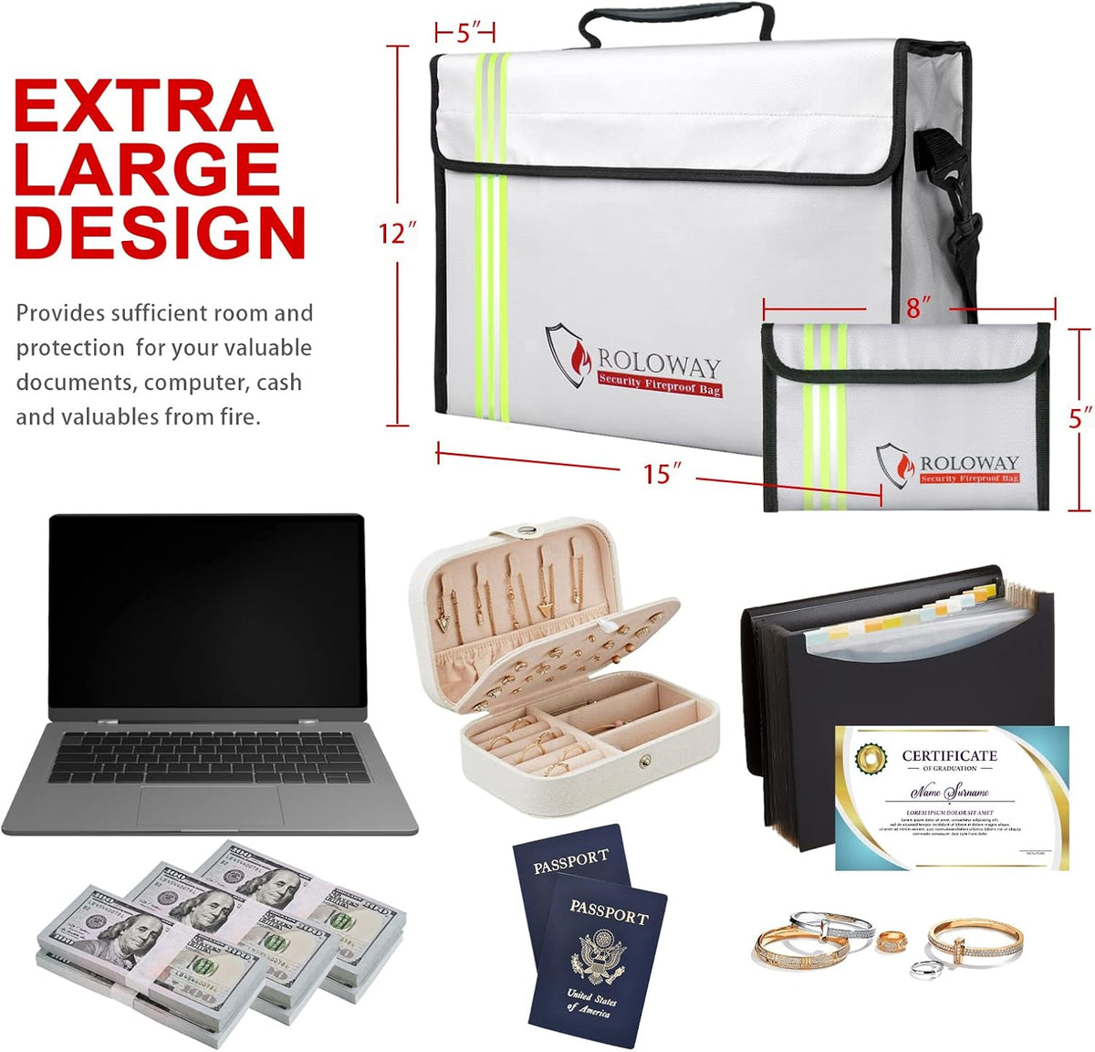 ROLOWAY Large (15 x 12 x 5 inches) Fireproof Bag with Reflective Strip, Water Resistant Fireproof Document Bag Safe for Money, Documents and Valuables Storage