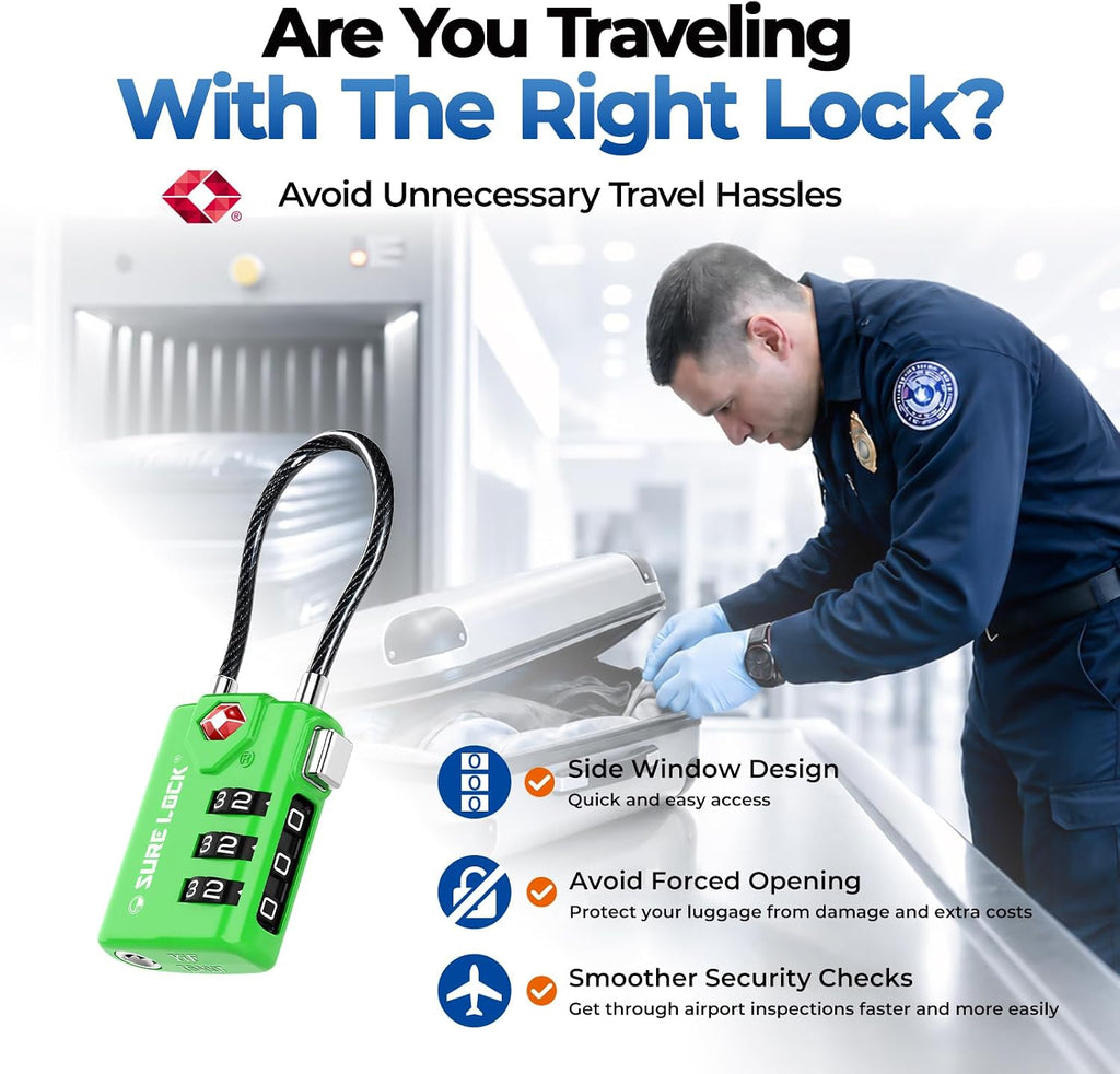SURE LOCK TSA Approved Luggage Locks with Open Alert Indicator, 3 Digit Combination Cable Travel Lock for Suitcase, Backpack, Gym Locker, Toolbox & Travel Bag（Green 2 Pack