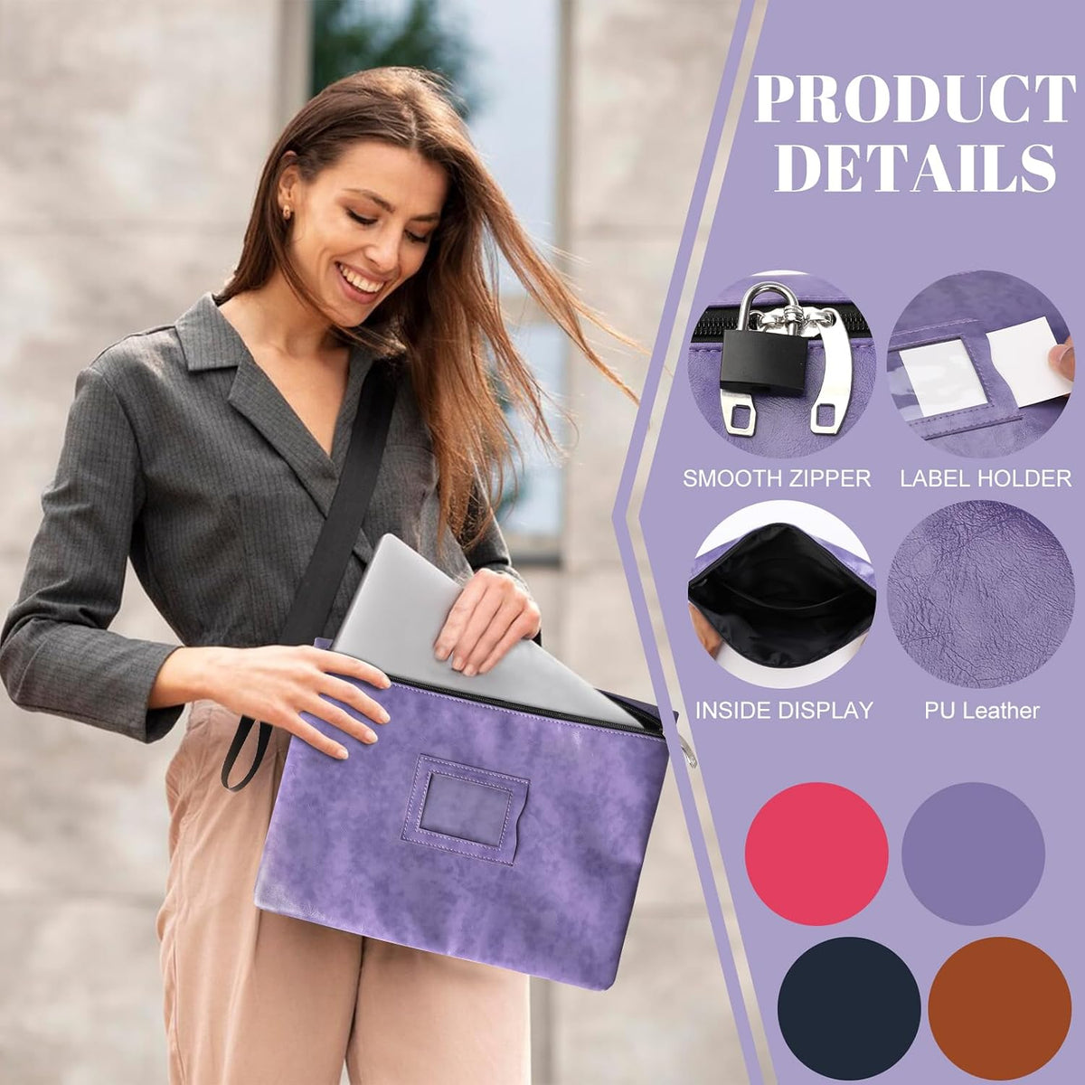 Notary Bag with Lock 13.2 * 10 Inches Purple Leather Notary Supply Bags with handle Cash Bag Locking Document Bags with 2 keys Money Bank Deposit with Zipper for Record Book Stamp Passport