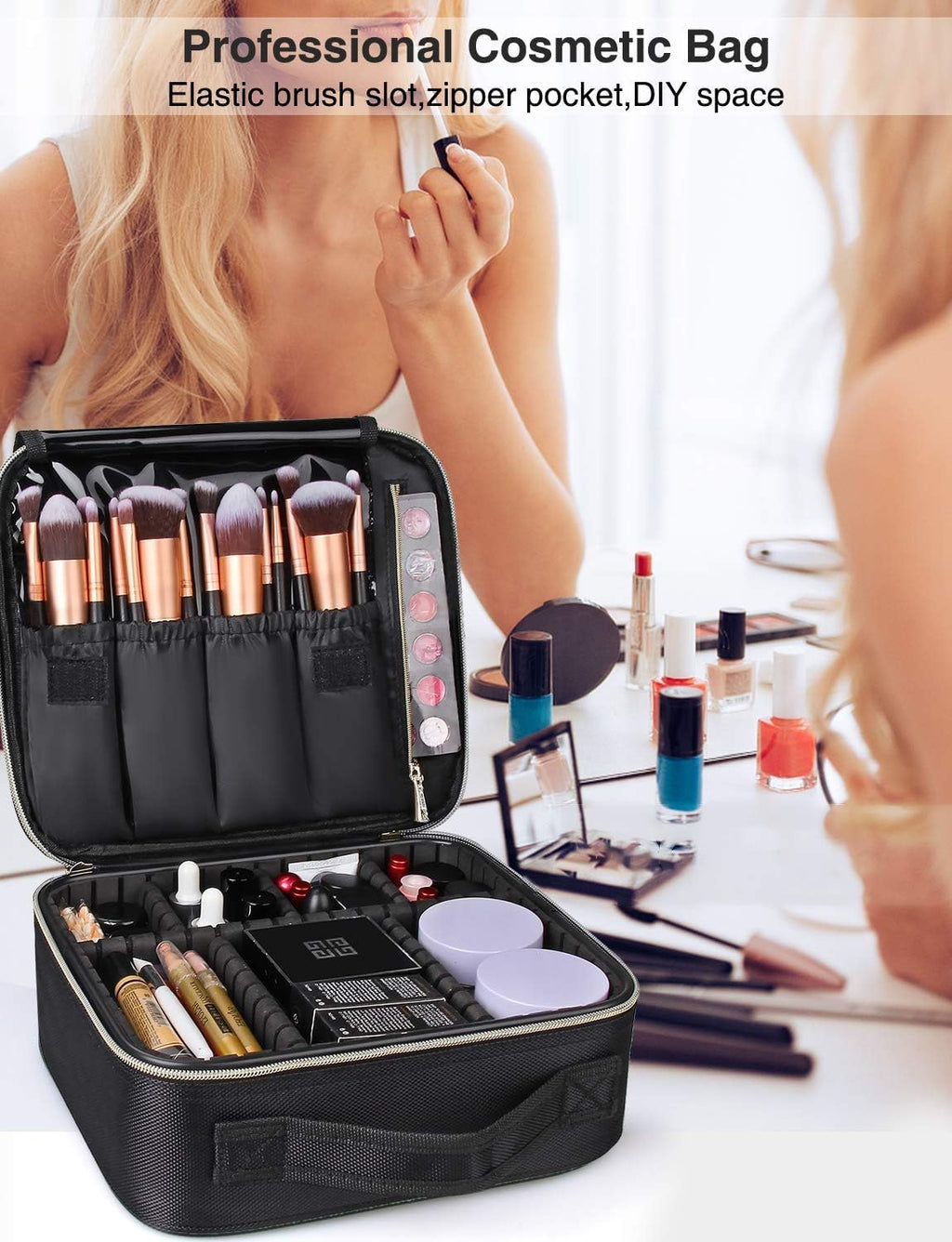 Relavel Travel Makeup Train Case Makeup Cosmetic Case Organizer Portable Artist Storage Bag with Adjustable Dividers for Cosmetics Makeup Brushes Toiletry, Black with Gold Zipper