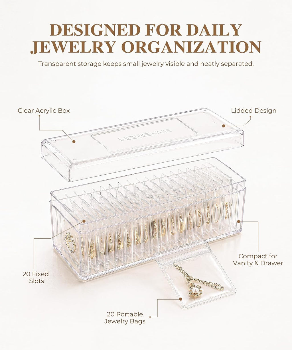 HOMEHIVE Acrylic Jewelry Box Organizer, Clear Jewelry Organizer and Storage with 20 Portable Anti Tarnish Jewelry bags, Travel Jewelry Case for Earrings/Rings/Necklaces Gifts for Women Girls, Clear