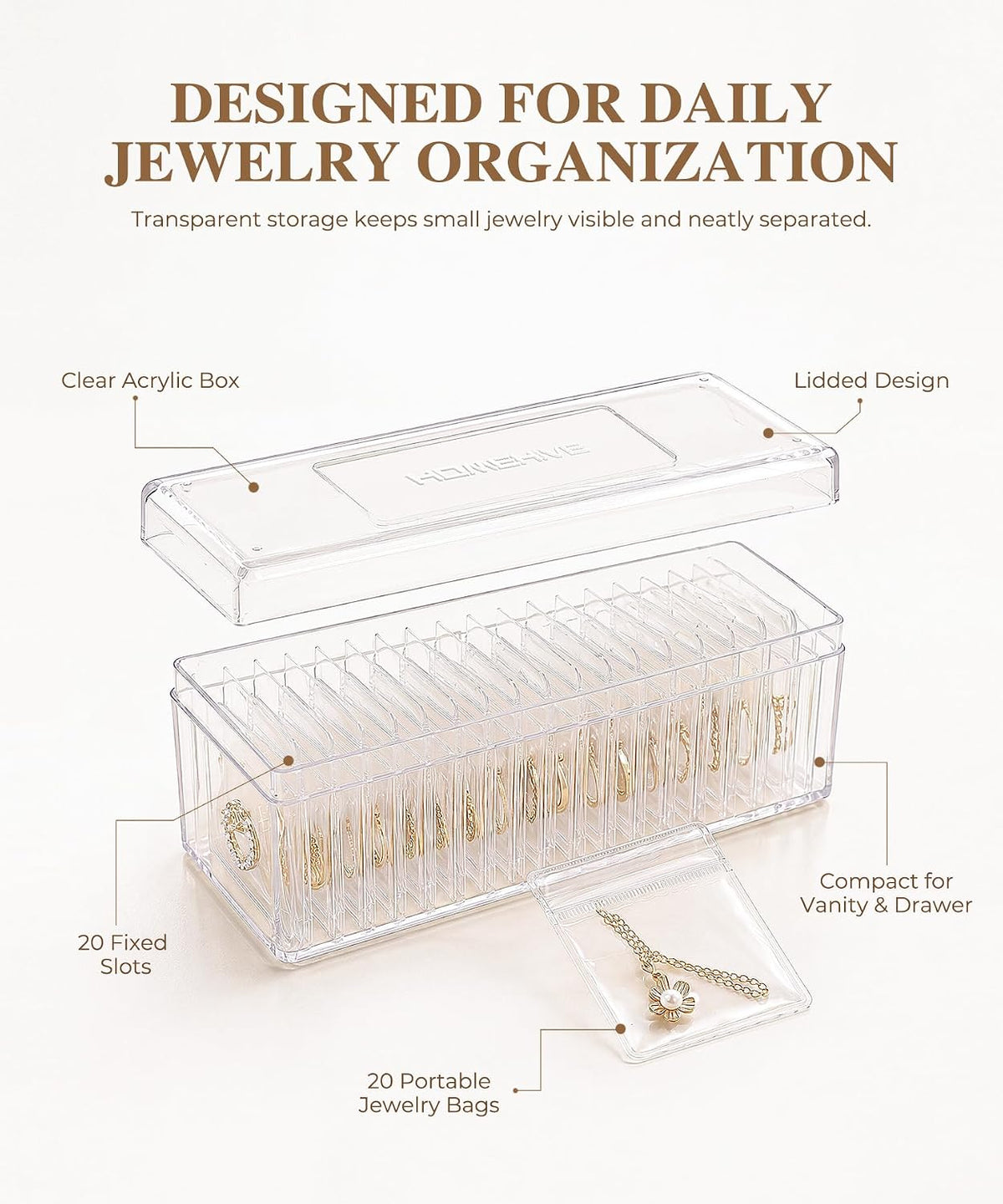 HOMEHIVE Acrylic Jewelry Box Organizer, Clear Jewelry Organizer and Storage with 20 Portable Anti Tarnish Jewelry bags, Travel Jewelry Case for Earrings/Rings/Necklaces Gifts for Women Girls, Clear