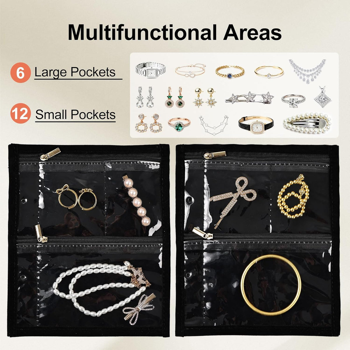 Greenfeather Anti Tarnish Jewelry Storage, Portable Jewelry Binder Organizer Travel with 3 Pcs Clear Zipper Velvet Pouches for Storing Earrings Rings Necklace Bracelet Watch 18 Compartments, Black