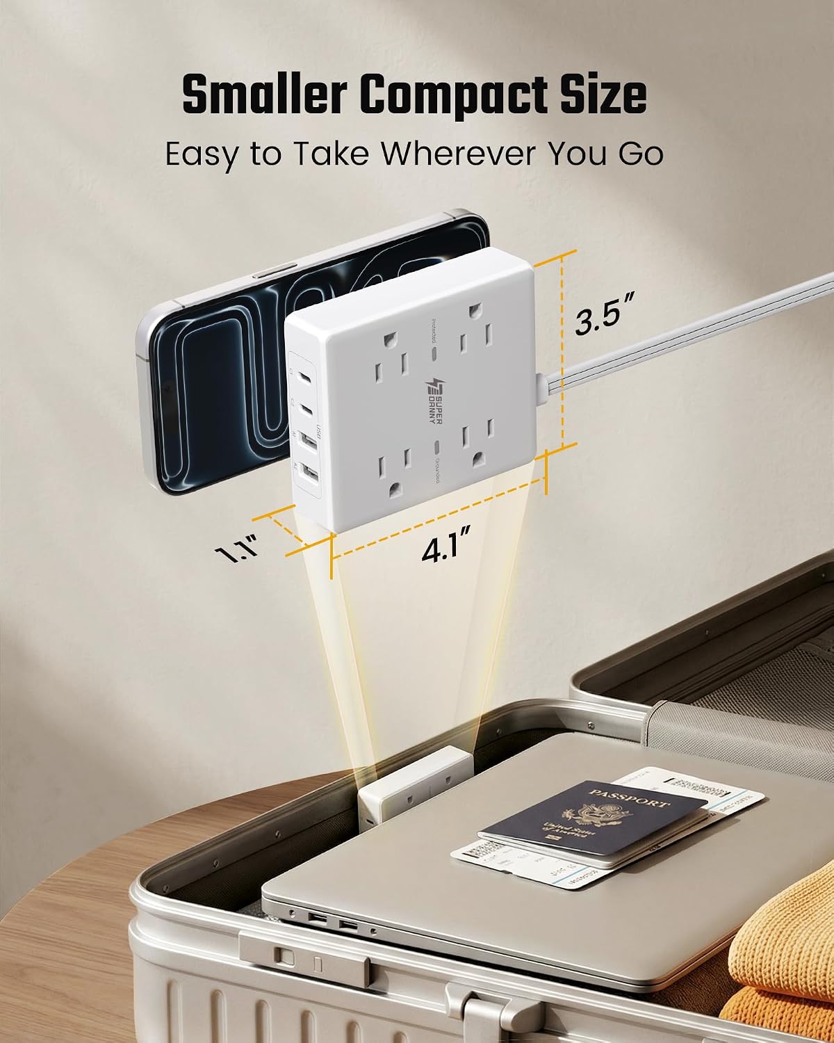 SUPERDANNY 10 Ft Long Extension Cord Flat Plug Power Strip Surge Protector