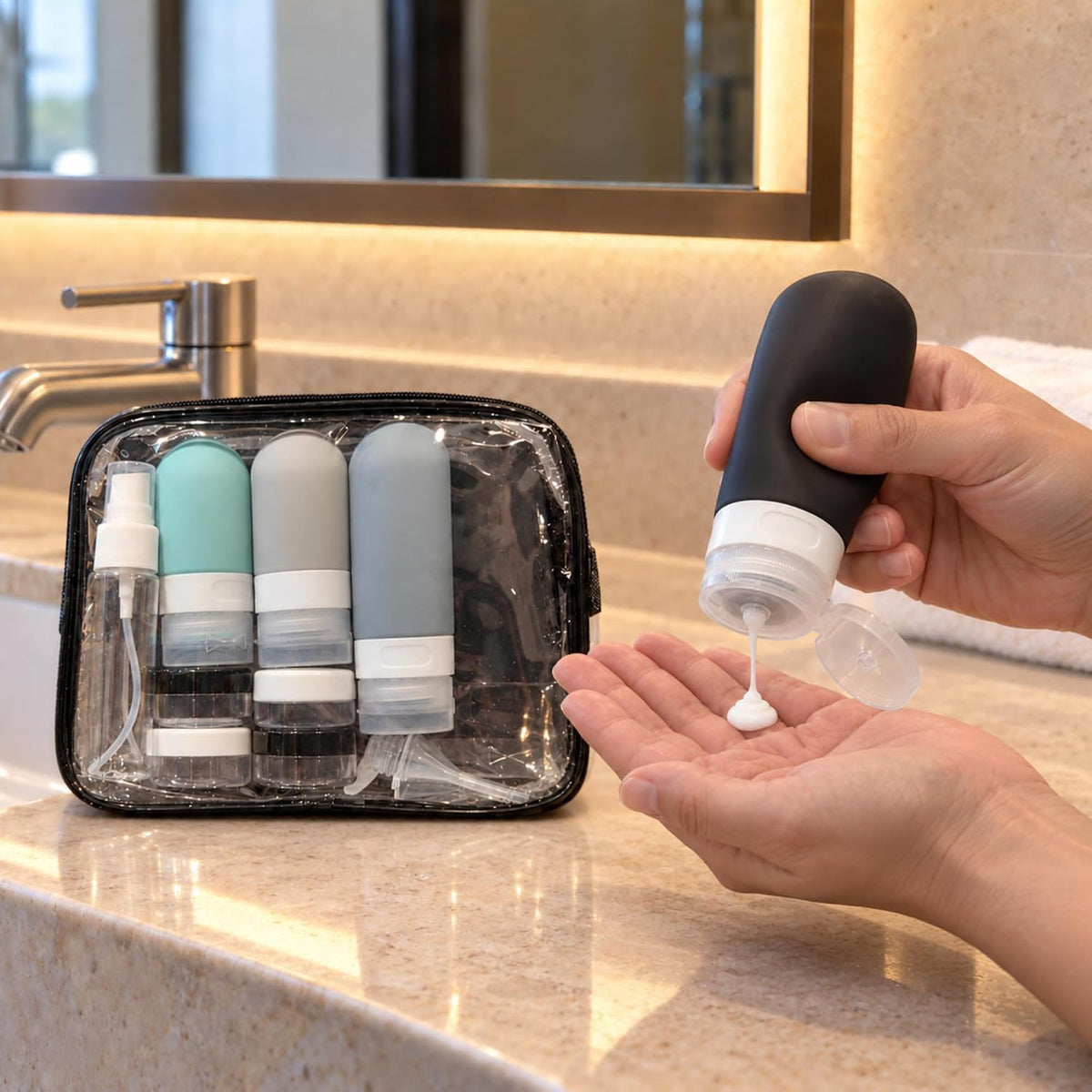 Laxen 17 Pack Travel Bottles for Toiletries with Clear Bag, Leak Proof, Refillable, TSA Approved Silicone Travel Containers for Shampoo and Conditioner, Travel Essentials Toiletry Bottles