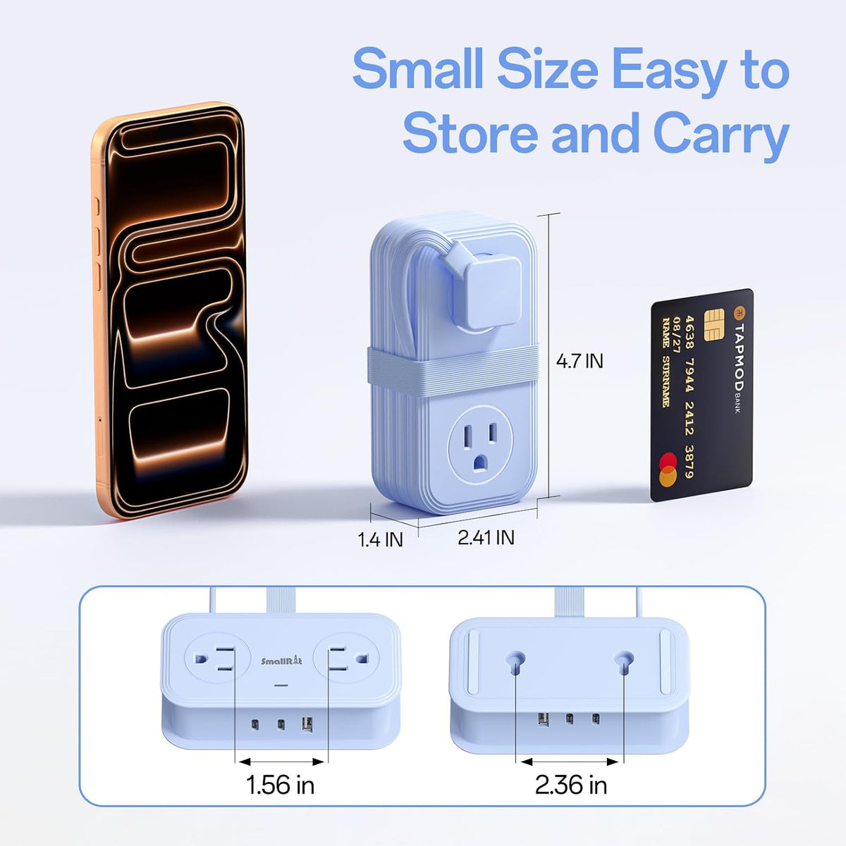 Travel Power Strip, SMALLRT Extension Cord with Multiple Outlets, 6.5FT Wrapped Extension Flat Plug Power Strip with 4 AC Outlets for Travel, Hotel, Cruise Approved, No Surge Protection, Blue