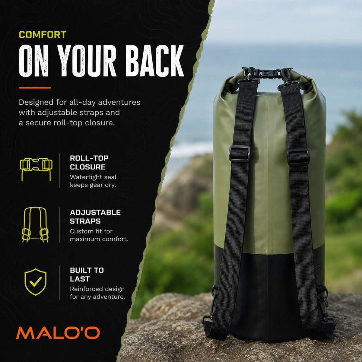 Malo’o DryPack 30L Waterproof Kayak Dry Bag, Heavy Duty Roll-Top Dry Bag with MOLLE Grid and Carry Straps for Fishing, Paddle Boarding, Boating, Camping, and Travel, Yellow