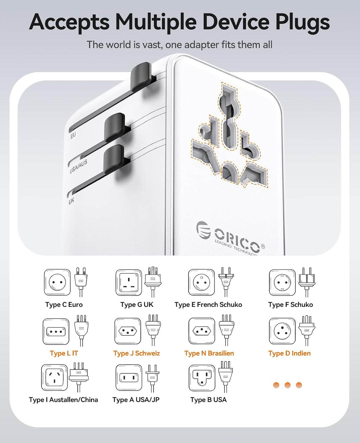 ORICO Universal Travel Adapter 100W GaN International Power Adapter
