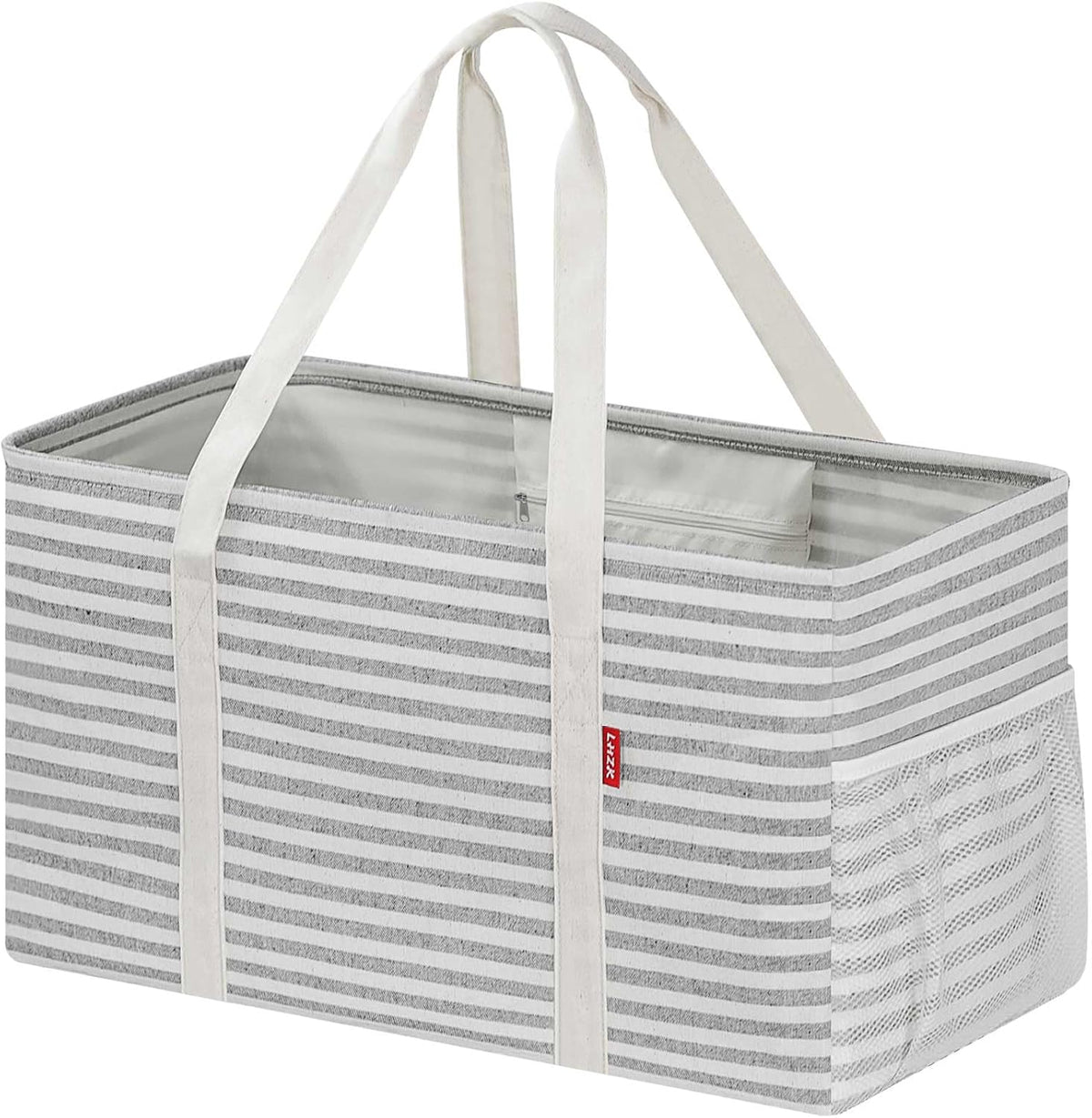 LHZK Standing Extra Large Utility Tote Bag with Metal Wire Frame and the Sides Rinforced, Extra Large Tote Bag with Handle, Reusable Grocery Bags Foldable, Beach Bag, Car Tote (Gray)