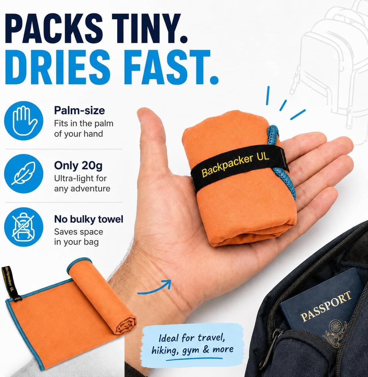 Backpacking Ultralight Quick Dry Microfiber Soft Fast Drying Hand and Face Towel Wash Cloth Camping Yoga Hiking Active Lifestyle Small (Orange, Small)