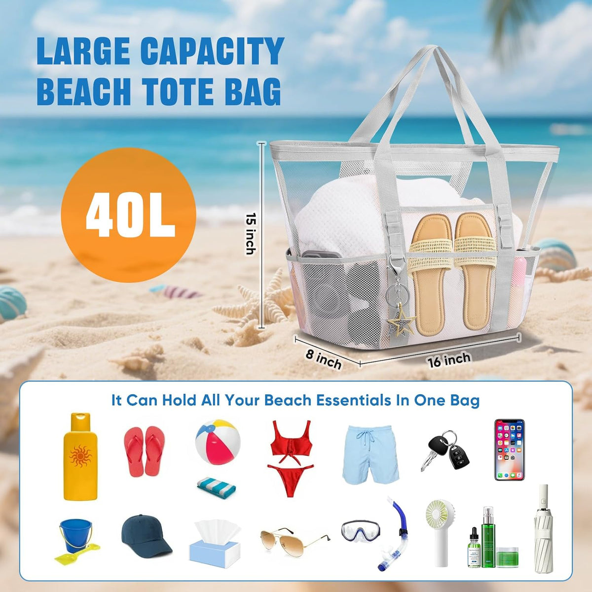 Large Mesh Beach Bag for Women, Sandproof 9-Pocket Beach Tote Bag, Quick-Drying Pool Bag for Travel Vacation