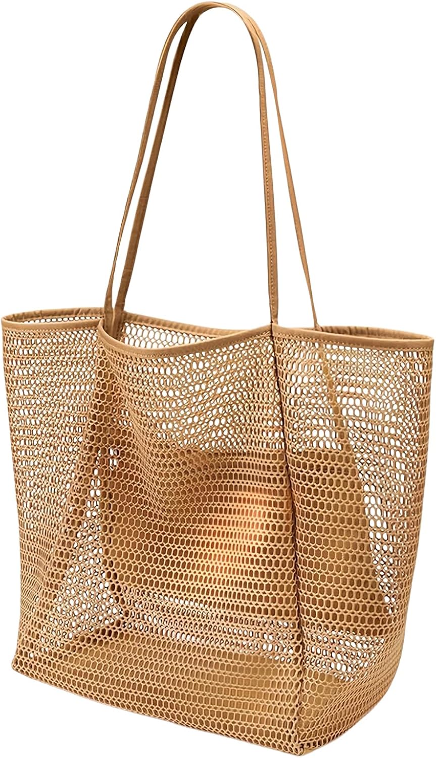 Women's Beach Bags, Lightweight Mesh Tote Bag, Sandproof Woven Shoulder Handbag with Zipper Pocket for Pool Travel