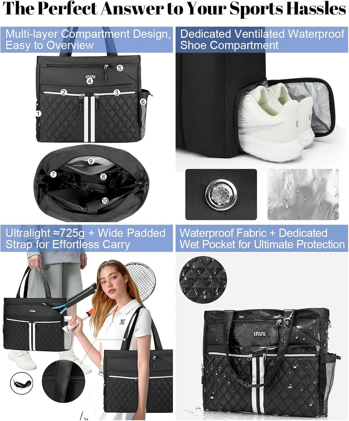Tennis Bags for Women, Tennis Bag Holds 2 Rackets, Gym Bags with Ventilated Shoe Compartment, Suitable for Pickleball Tennis Badminton