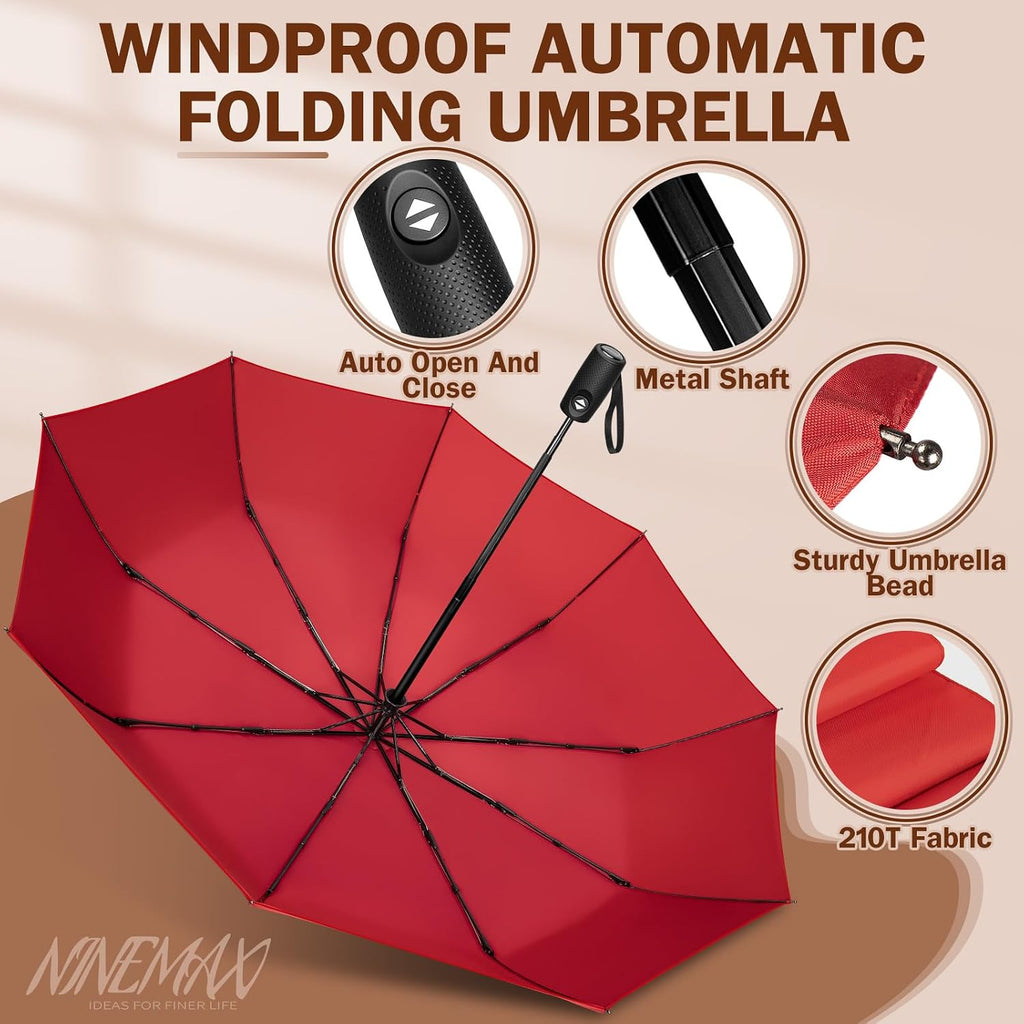 NINEMAX Windproof Travel Folding Umbrella for Men Women, Portable Compact Umbrellas Automatic Open and Close for Rain